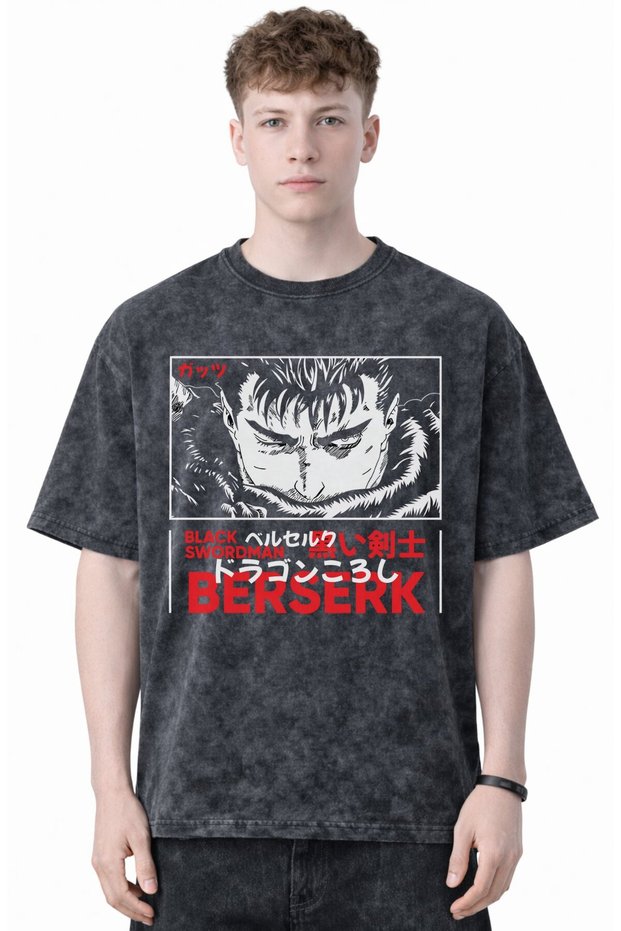 Design Black Swordman Berserk Guts Anime Printed Unisex Oversized Vintage Washed T-Shirt