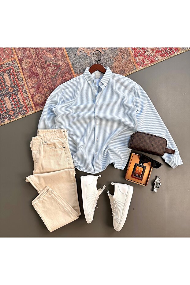 Men's Seersucker Shirt and Denim Trousers 2-Piece Set