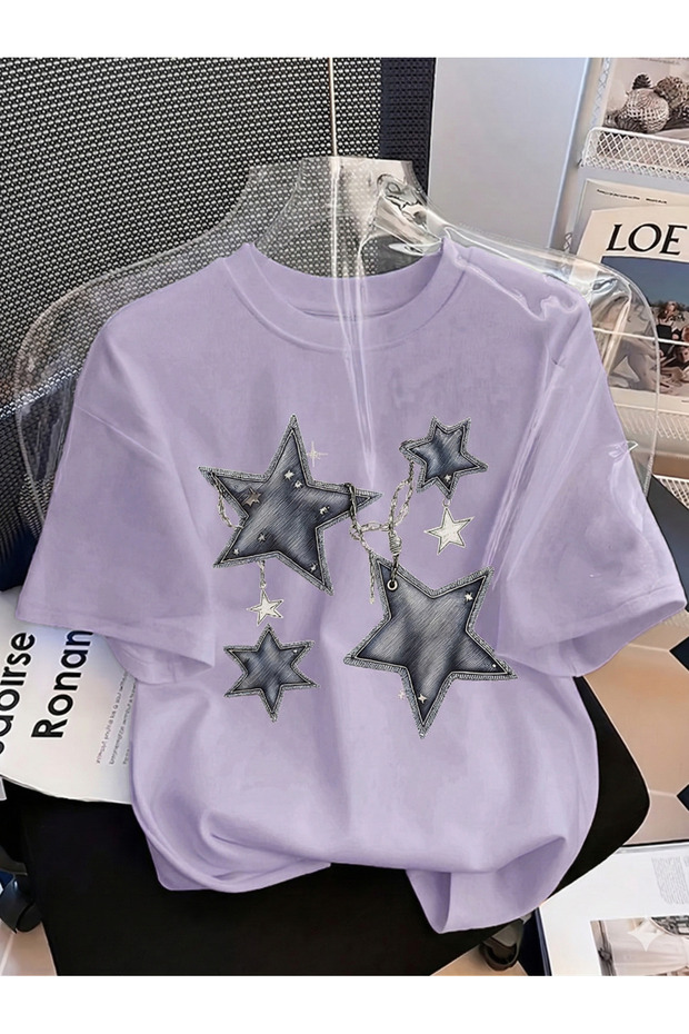 Y2K Aesthetic Denim Star Detail Short-Sleeve T-Shirt
