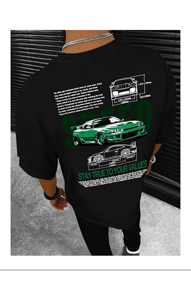 Beige Men's Crew Neck Speed Printed Oversized / Wide Fit Knitted T-Shirt