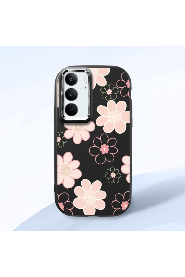 Realme C75 4g Compatible Shock-Absorbing Camera Protected Black Silicone Case Floral Print