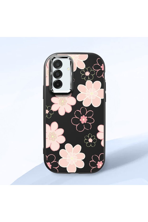 Samsung Galaxy A26 Compatible Shock-Absorbing Camera Protected Black Silicone Case Floral Print