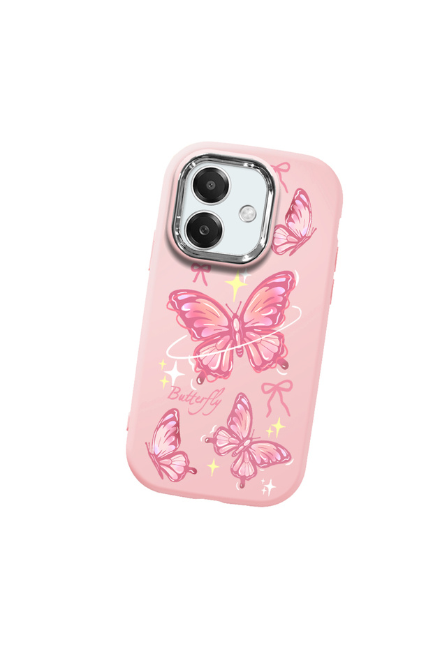 Oppo A3 Compatible Camera Protected Pink Soft Silicone Phone Case Butterfly Patterned