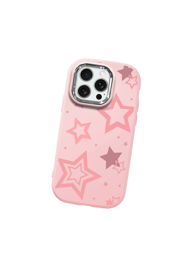 iPhone 15 Pro Max Compatible Camera Protected Pink Soft Silicone Phone Case Pink Star
