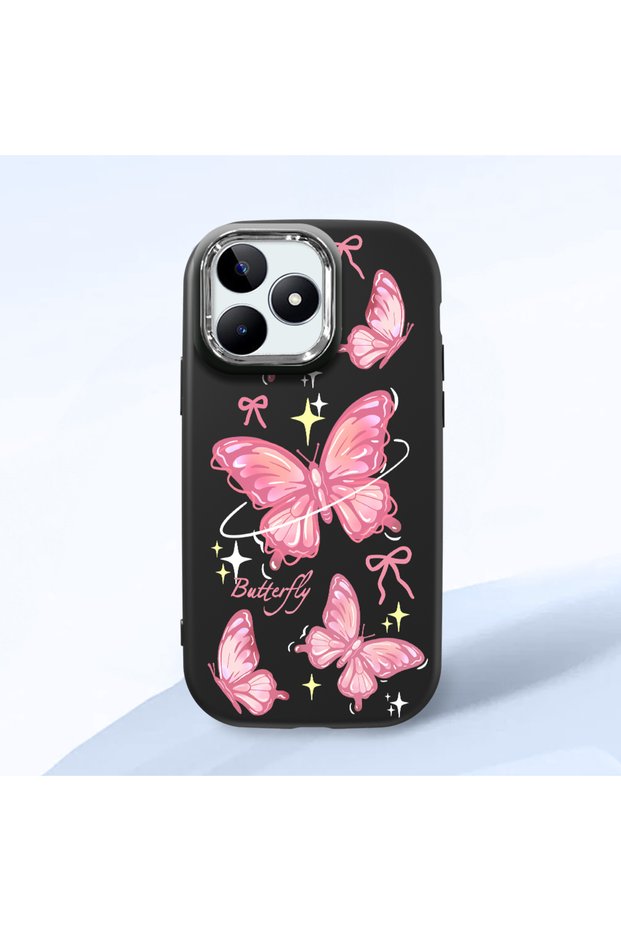 Black Soft Silicone Phone Pink Butterfly with Camera Protection Compatible with Realme Note 50