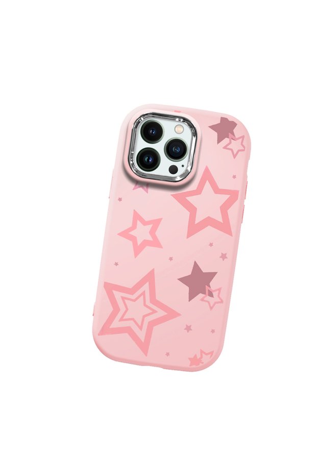 iPhone 14 Pro Compatible Camera Protected Pink Soft Silicone Phone Case Pink Star