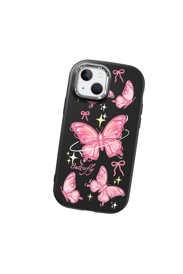 iPhone 15 Plus Compatible Camera Protected Black Soft Silicone Phone Case Butterfly Patterned