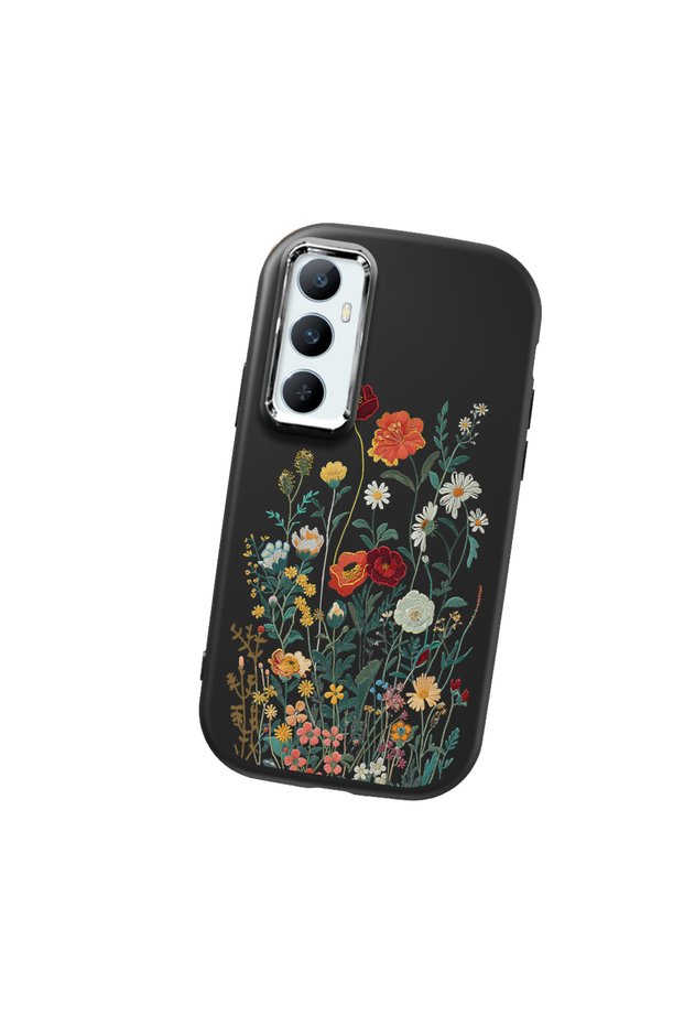 Realme C65 Compatible Camera Protected Black Soft Silicone Phone Case Floral Print