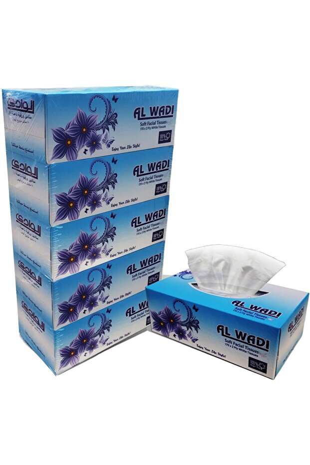 5 Boxes/Packs Lotus Al Wadi Soft Facial Tissue, 170 Sheets 2 Ply, 850 Tissues Total