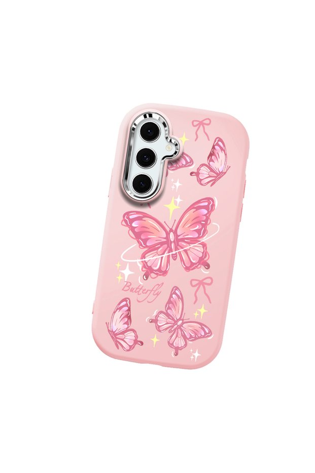 Samsung Galaxy S24 Fe Compatible Camera Protected Pink Soft Silicone Phone Case Butterfly Patterned
