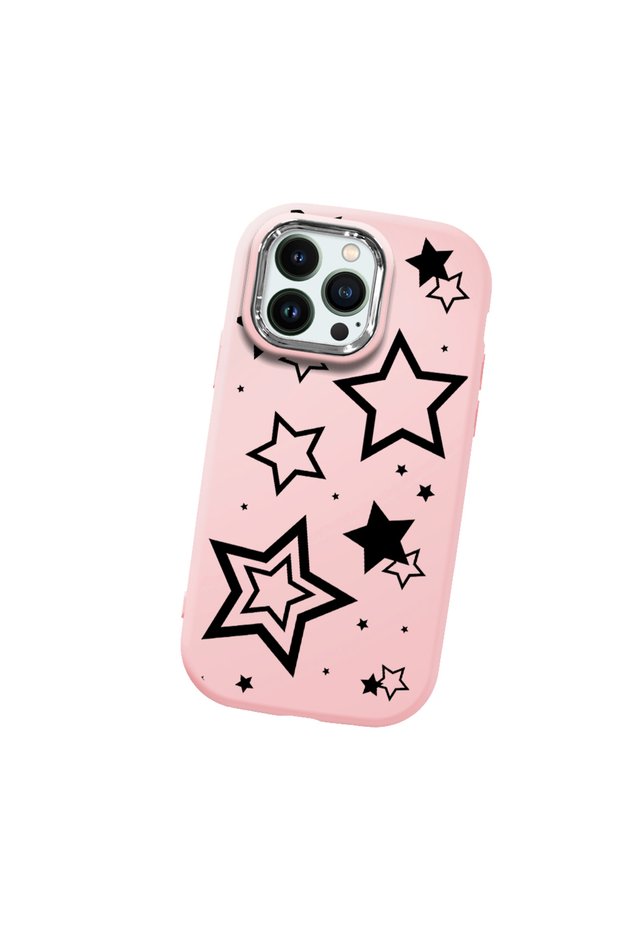 iPhone 12 Pro Compatible Camera Protected Pink Soft Silicone Phone Case Star Patterned