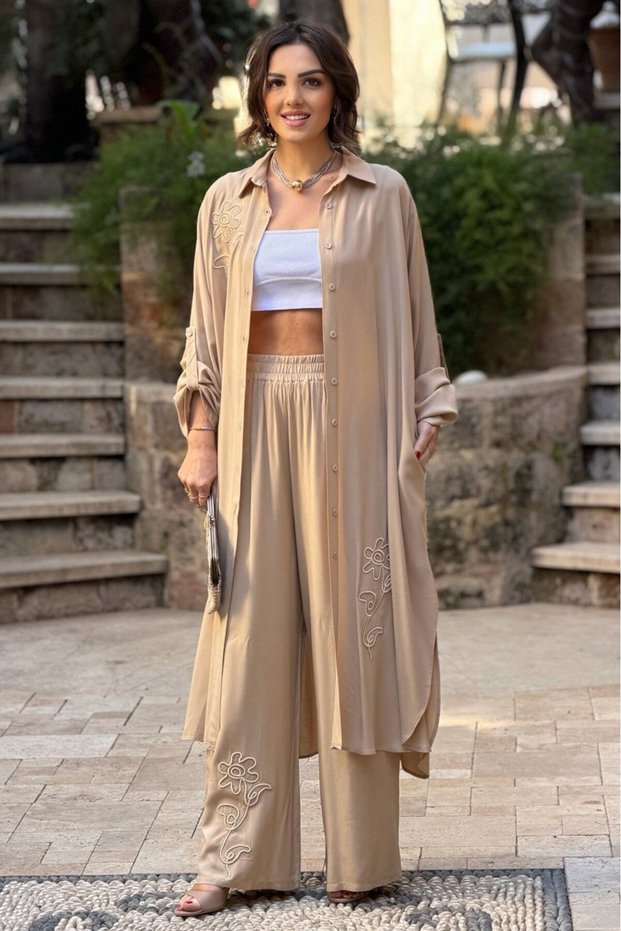 V276 Cream Floral Embroidered Shirt Dress Pants Set