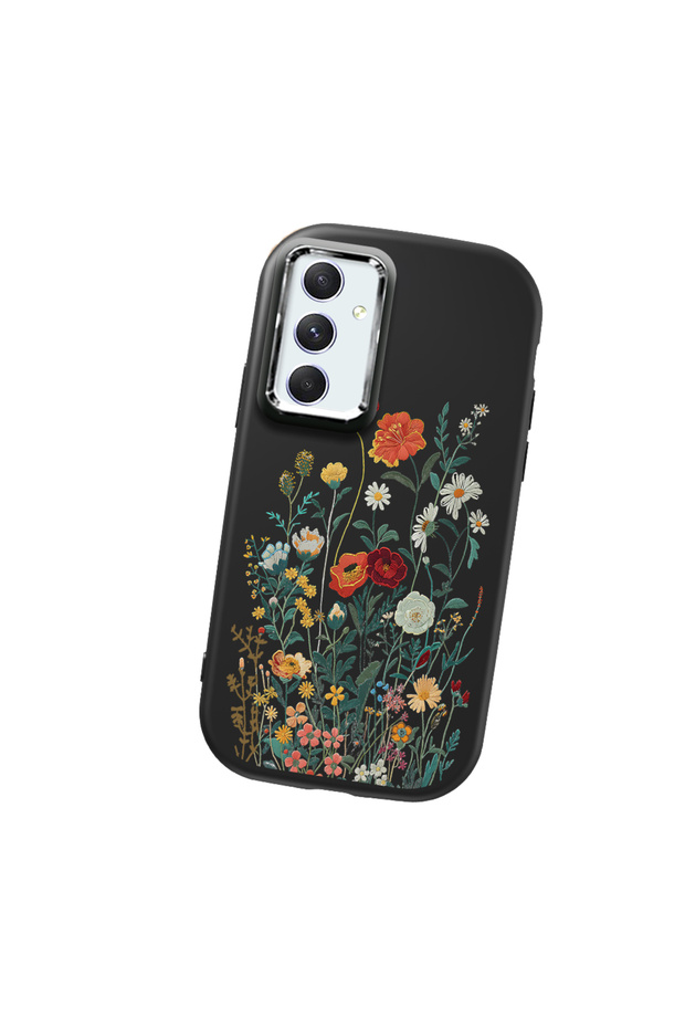 Samsung Galaxy A54 Compatible Camera Protected Black Soft Silicone Phone Case Floral Print