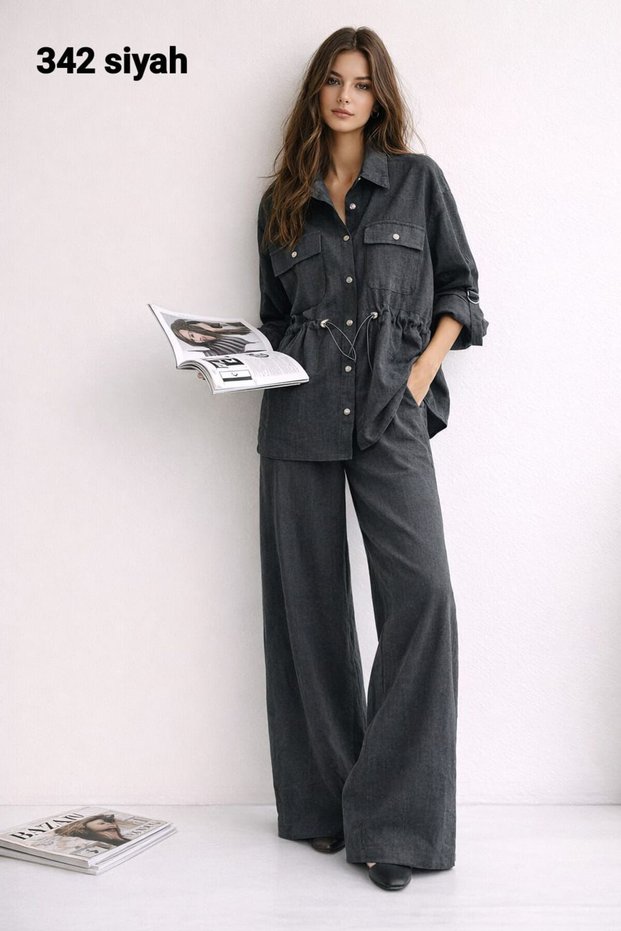 Egzoti̇k Asorti̇k Women's Waist Tunneled Snap-Fastened Shirt with Elastic Waist and Loose Pants Two-Piece Set