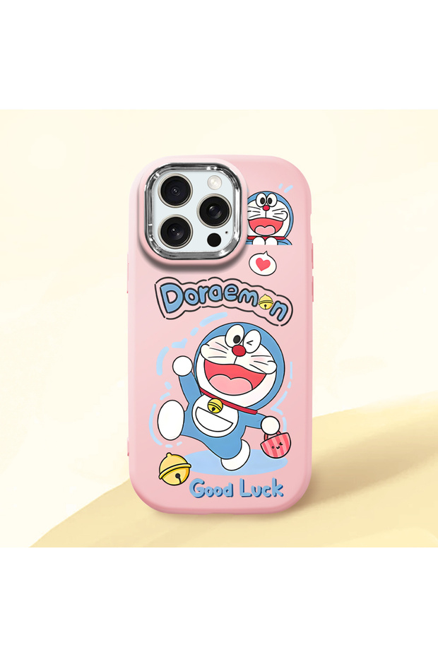 Pink Soft Silicone Phone Doraemon Patterned with Camera Protection Compatible with iPhone 15 Pro Max