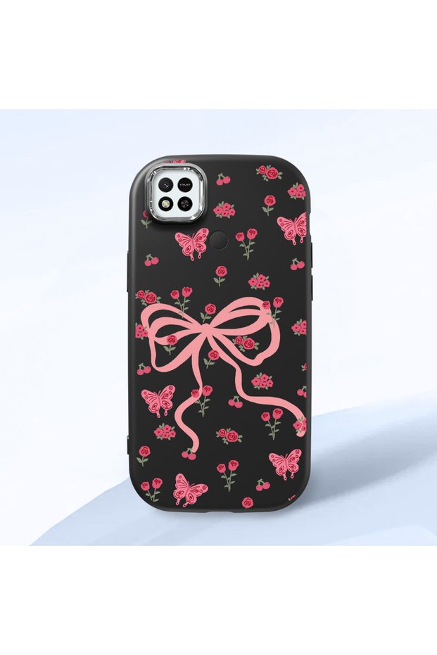 Camera Protected Black Soft Silicone Phone Bowknot Compatible with Redmi 9C Patterned
