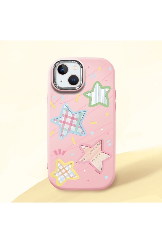 Pink Soft Silicone Phone Colorful Stars with Camera Protection Compatible with iPhone 14