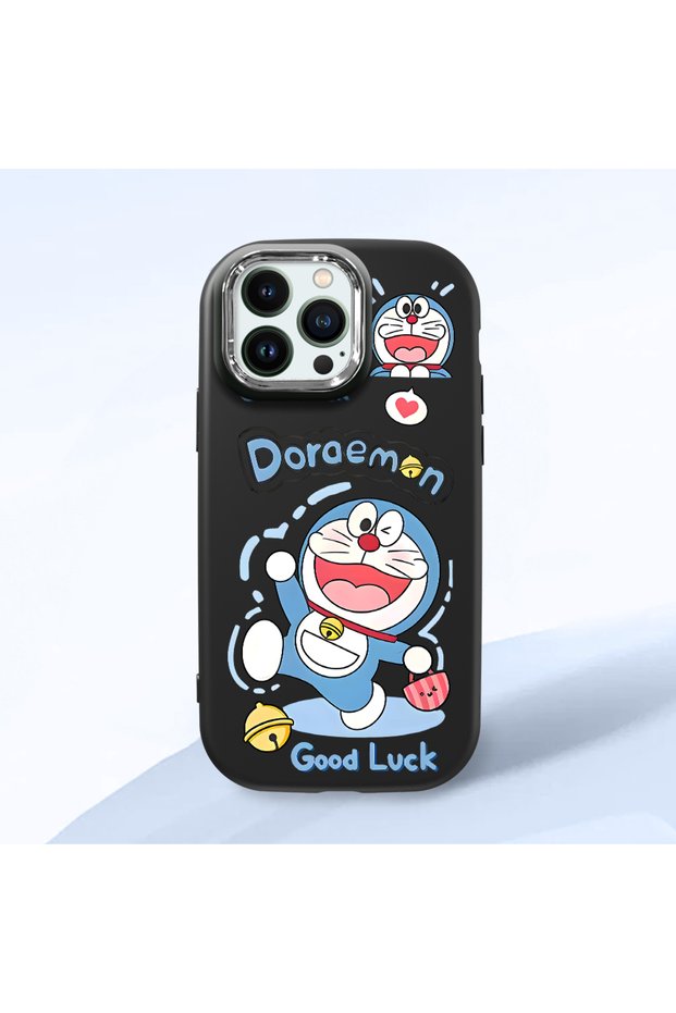 Black Soft Silicone Phone Doraemon Patterned with Camera Protection Compatible with iPhone 12 Pro