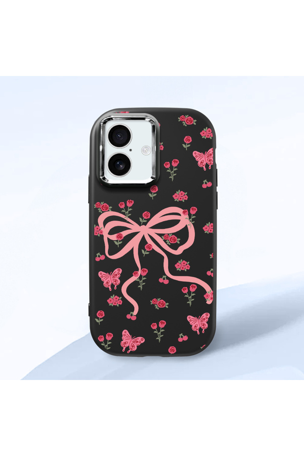 Black Soft Silicone Phone Bow with Camera Protection Compatible with iPhone 16 Patterned