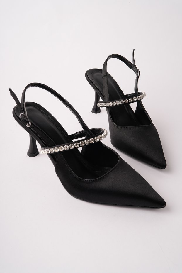 Women's Black Satin Stone New Season Heeled Shoes
