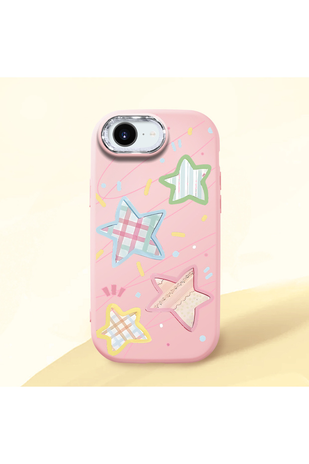 Pink Soft Silicone Phone Colorful Stars with Camera Protection Compatible with iPhone 16E