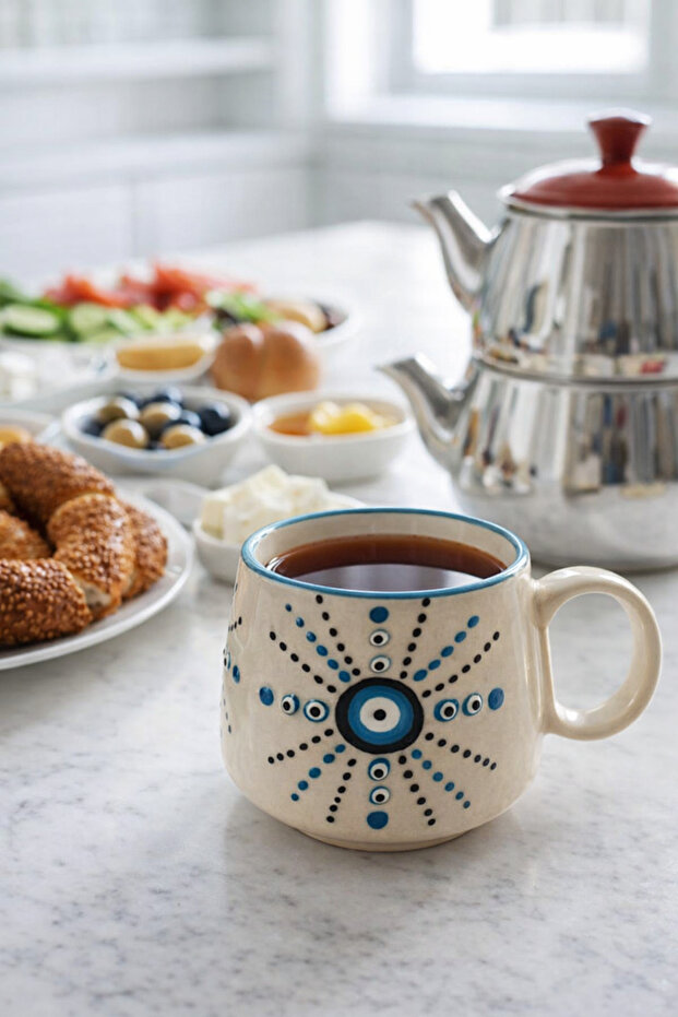 Nazar Patterned Embossed Special Handcrafted Ceramic Mug Coffee & Tea Mug Cup Special Gift Mug Cup
