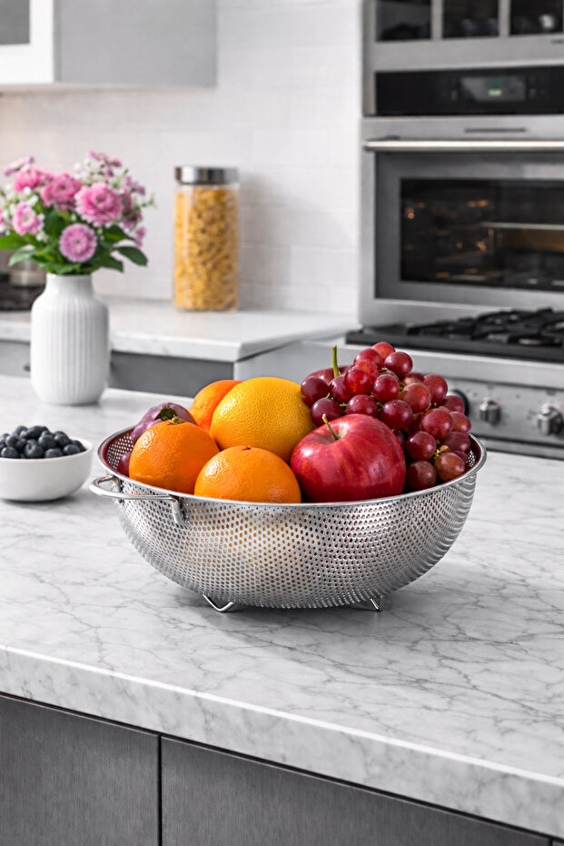 Bls-Ks-28 Stainless Steel Strainer with Handle Kitchen Sieve Fruit and Vegetable Washing Apparatus Colander 28cm