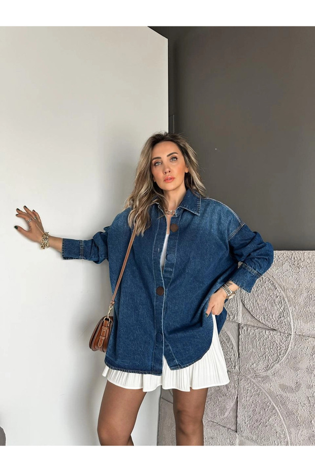 Qi̇mene Women's Large Button Washable Medium Length Ov Oversized Ol Denim Jacket