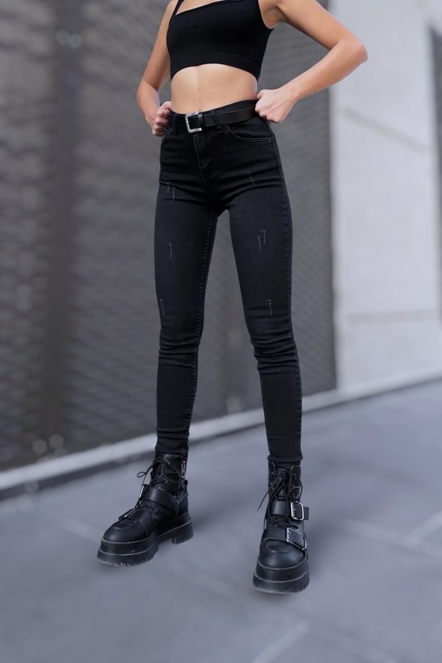 Ernar Women's High Waist Stretch Fabric Narrow Leg Anthracite Nail Detailed Skinny Jeans S