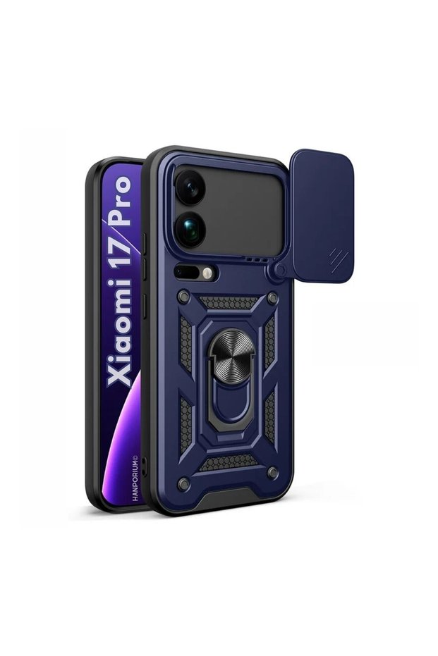 Xiaomi 17 Pro Compatible Tank Case - Extra Protection Armored Outdoor Cover with Ring Stand - Navy Blue