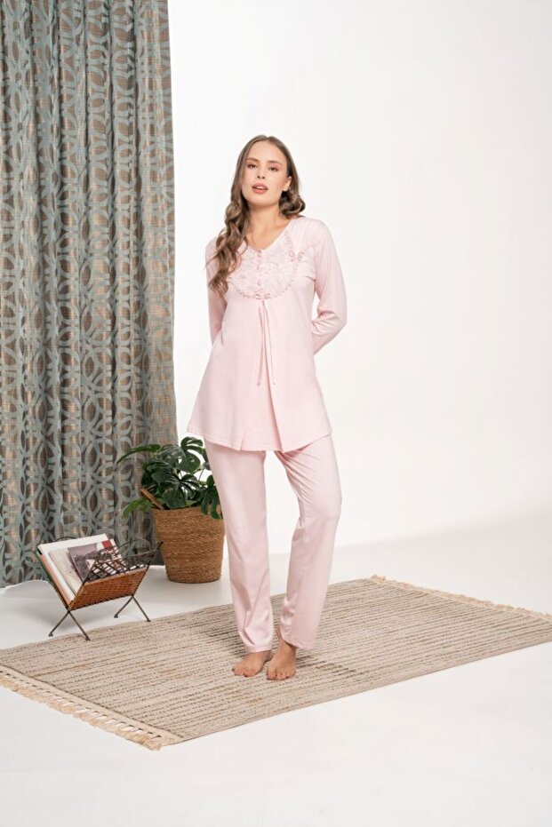 New Season Powder Nevrürlü Elegant Lace Detailed Design Buttoned Long Sleeve Maternity Pajama Set