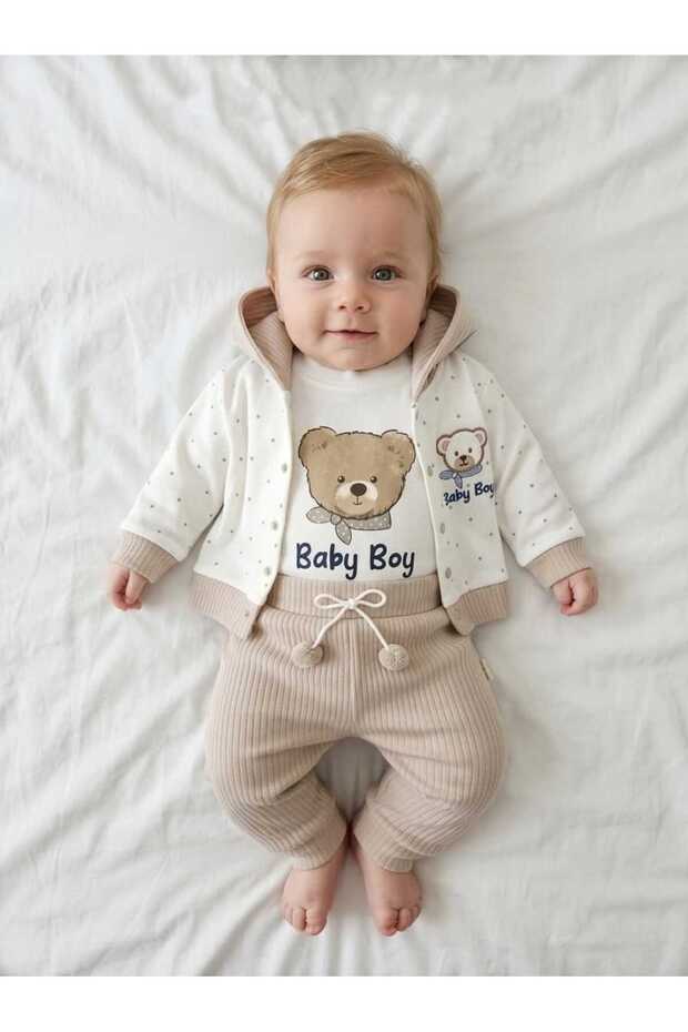 100% Cotton Oeko-Tex Certified Hooded Cardigan Pants Bodysuit 3-Piece Baby Boy Set