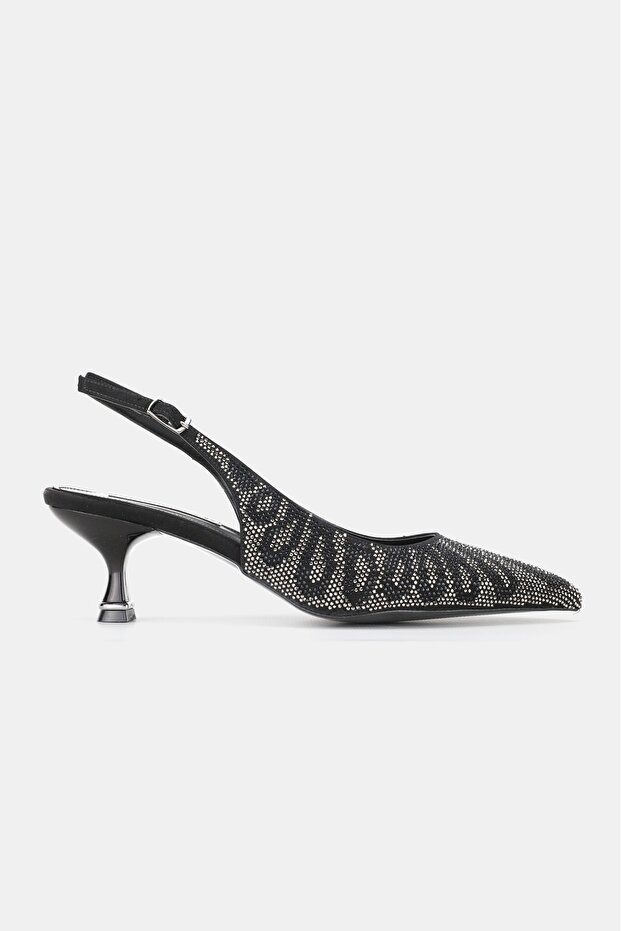 Women's Black Stone Satin Short-Heel Shoes with Pointed Toe and Open Back