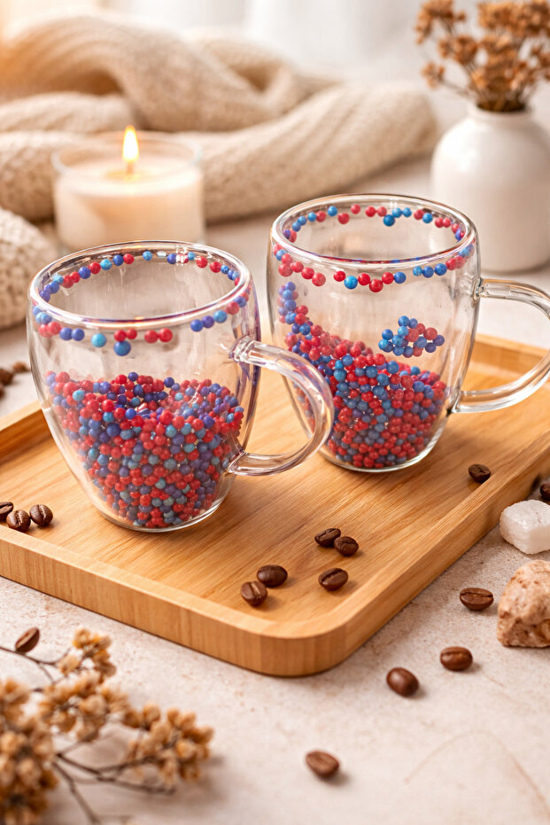 2 Fan Cups Claret Red Blue, 350 ml | Cidarlı Glass Fan Cup