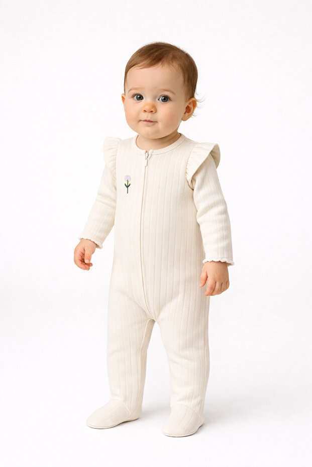 Embroidered Girls' Zippered Jumpsuit with Booties