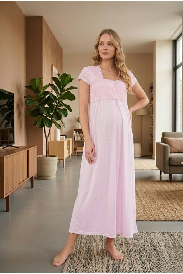 New Season Powder Square Collar Summer Lace Detailed Design Short Sleeve Buttoned Maternity Nightgown