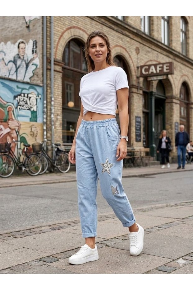 Women's Italian Baby Blue Elastic Waist Sequin Star Detailed Carrot Leg Trousers