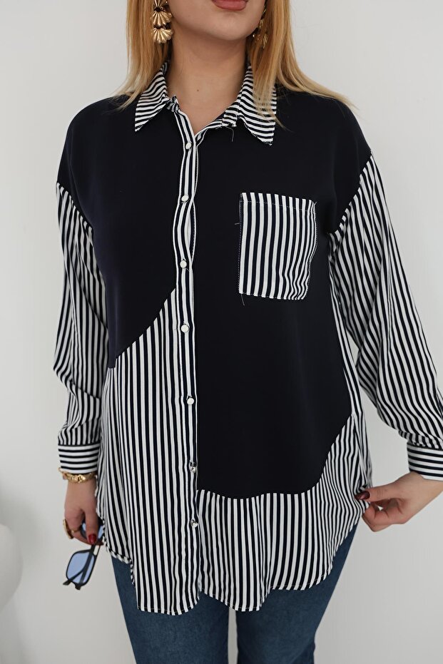 Plus Size Striped Button down Shirt - 8
