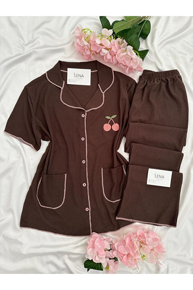Women's Cherry Embroidered Wrinkled Pajama Set