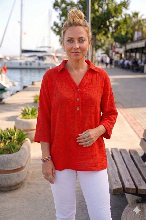 Red Shirt Collar Buttons 3/4 Sleeve Side Buttons Casual Muslin Woven Blouse 67 67