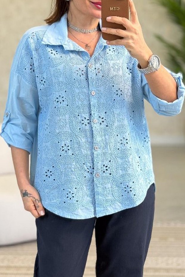 Women's Italian Baby Blue Clover Pattern Embossed Embroidery O Oversized Casual 100% P Cotton Shirt