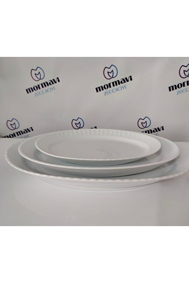 Porselen Sade 3-Piece Set (35 Cm, 30 Cm, 25 cm) Salad, Serving, Boat Plate
