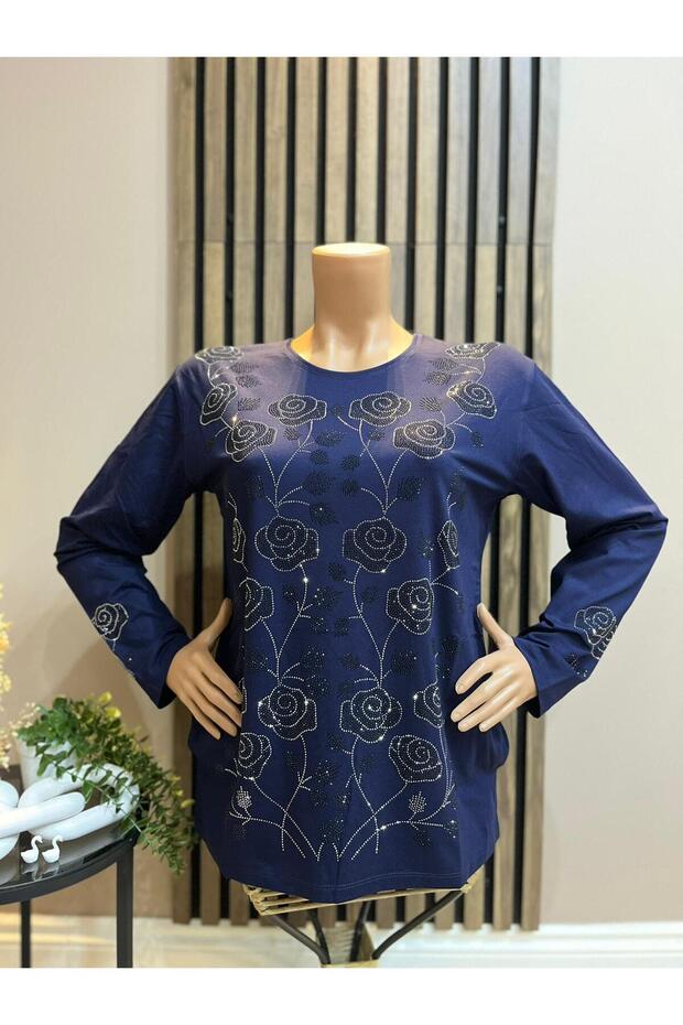 Women's Middle Age and Above Rose Garden Patterned Stretch Fabric Stoned Mother Combed Cotton Blouse