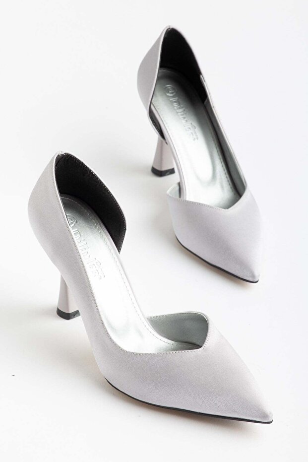 Plus Size Women's Stiletto Heel U Stiletto Silver Gray Shiny Satin Side Open
