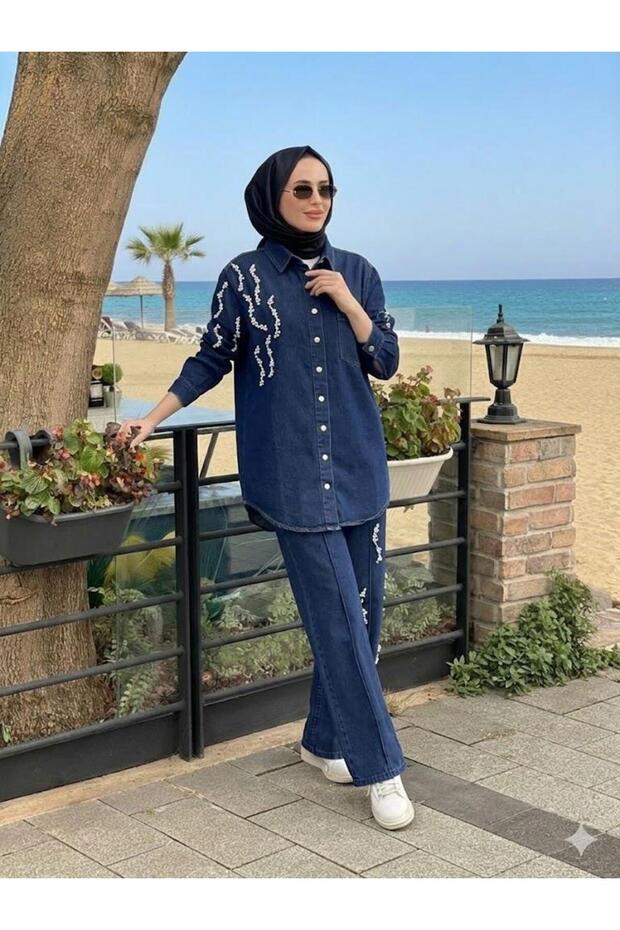 İncili Pantolonlu Denim Takım - 1