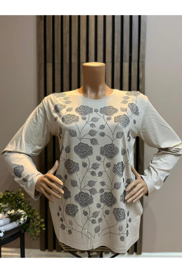 Women's Middle Age and Above Rose Garden Patterned Stretch Fabric Stoned Mother Combed Cotton Blouse