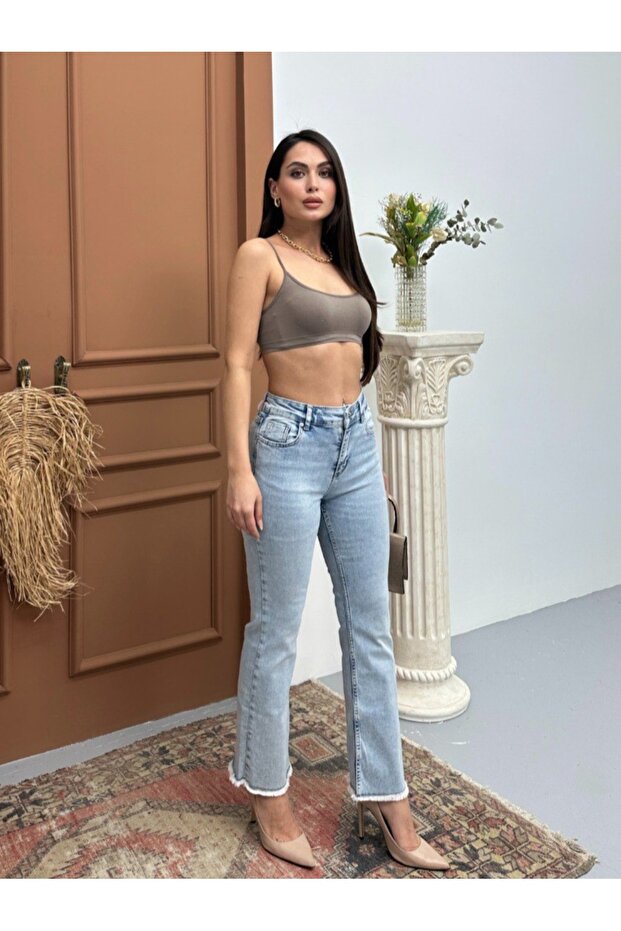 Flare Denim Pants with Tassel Detail on the Legs