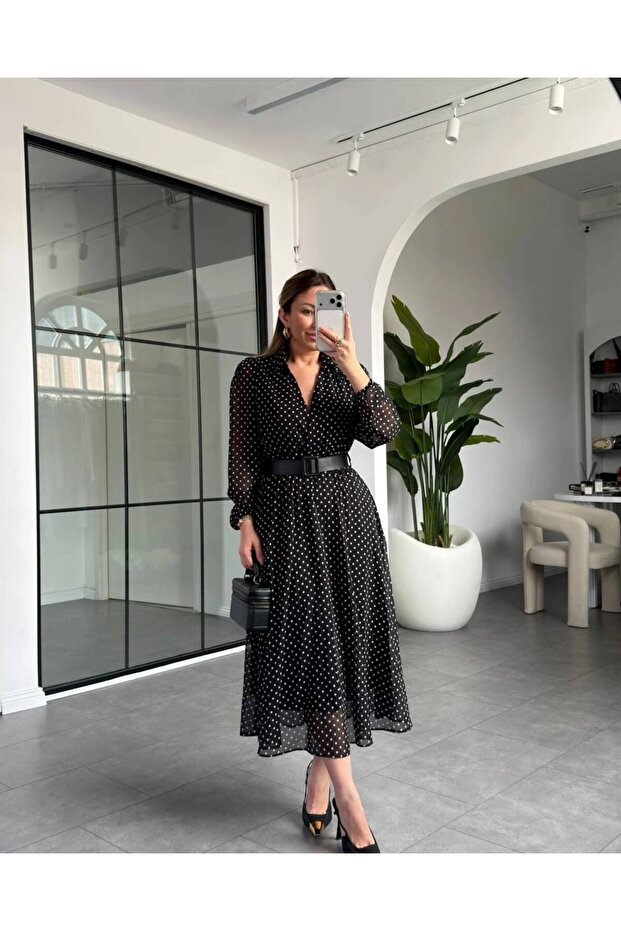 Polka Dot Printed Buttons Long Chiffon Dress