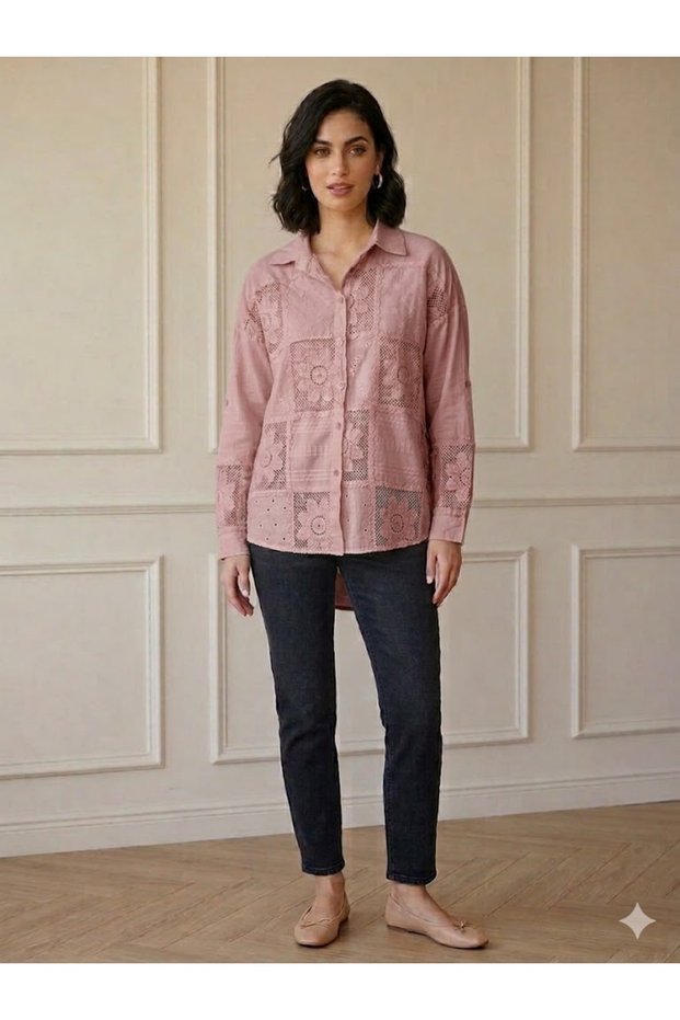 Women's Italian Pink Chrysanthemum Pattern D Lace Detailed 100% P Cotton Shirt