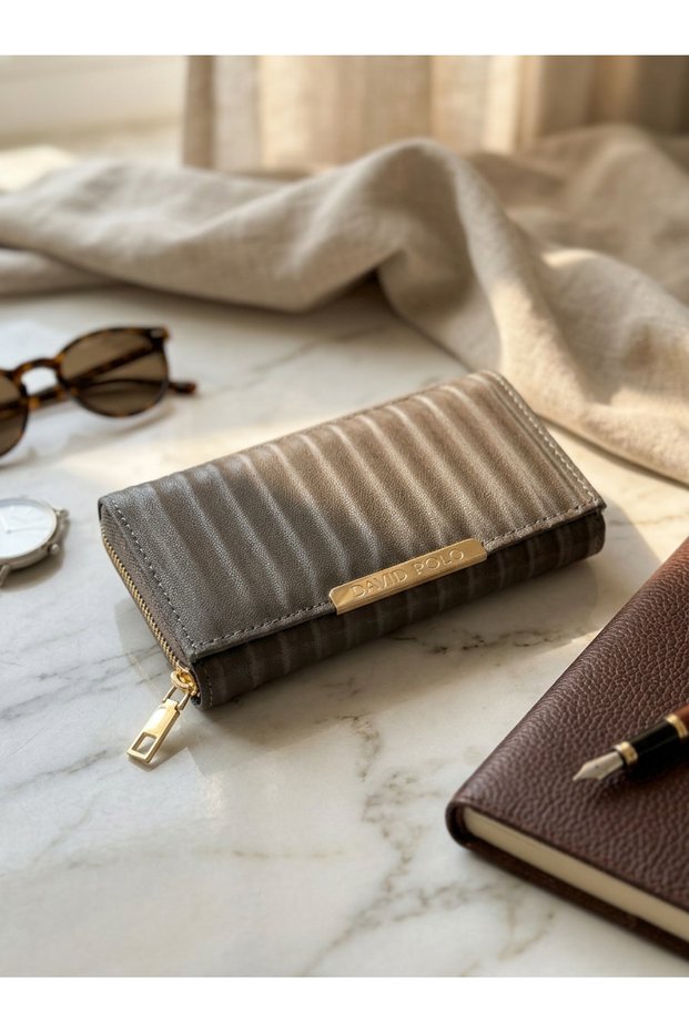 Women's Quilted Wallet Gray Zippered Stylish Card Holder Compartment Modern Women's Wallet